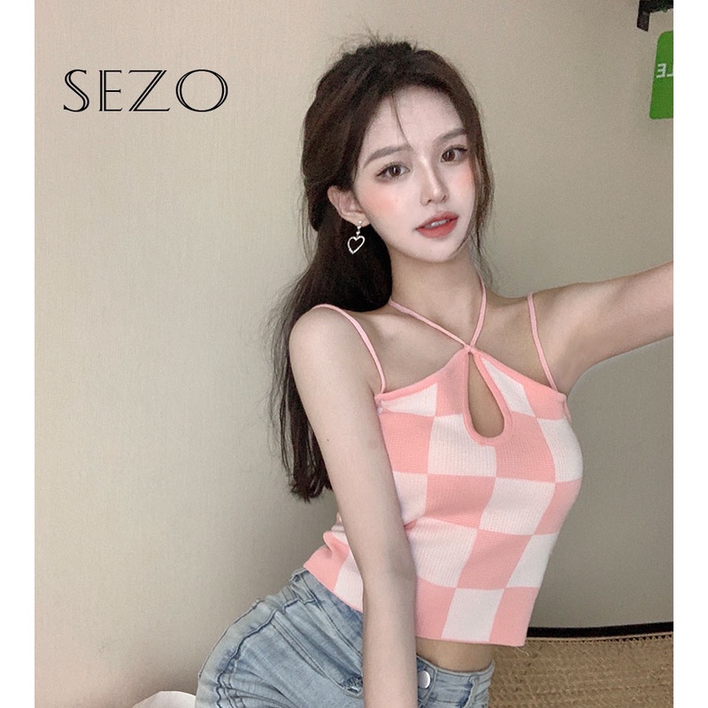 QKOOLE  Áo Hai Dây Họa Tiết Sọc Caro Phong Cách Hàn Quốc Thời Trang Cho Nữ