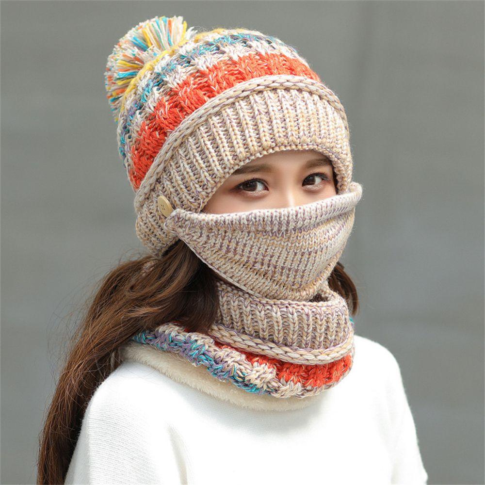 NIUYOU Set Mũ beanie + Khăn Choàng Cổ Phối Bóng Lông Mềm Mại Ấm Áp Cho Nữ