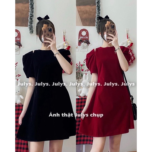 Đầm nhung tay bồng cut out (ảnh thật shop chụp kèm video)