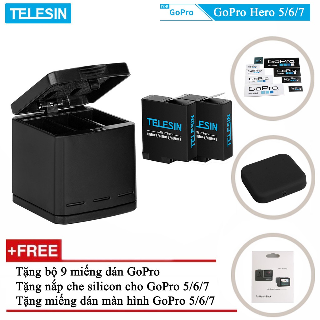 Combo sạc 3 + 2 viên pin TELESIN cho GoPro Hero 5, GoPro Hero 6, GoPro Hero 7, GoPro Hero 8, GoPro new Hero 2018