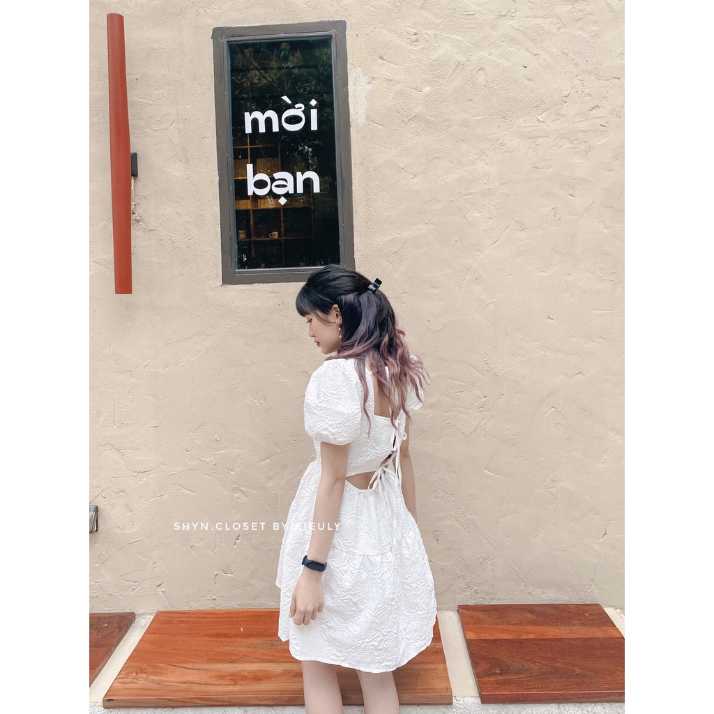 [ Rẻ Vô Địch - Hàng Sẵn ] Váy 2 lớp cổ vuông tay bồng cột dây lưng, Đầm babydoll gấm hoa nổi cột dây - Shyn.Closet | BigBuy360 - bigbuy360.vn