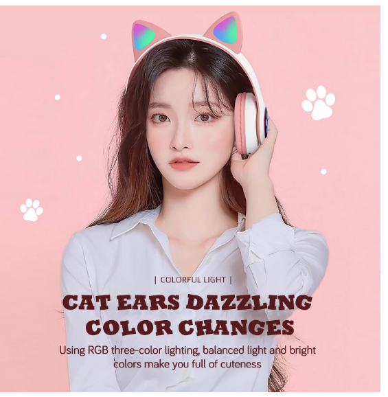 Tai Nghe Chụp Tai Bluetooth 5.0 Có Đèn Led Hình Tai Mèo Dễ Thương