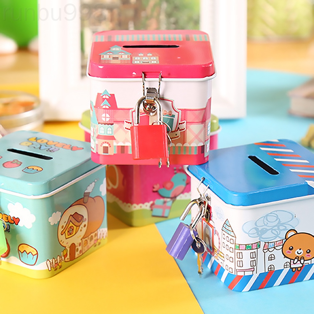 Hộp đựng tiền tiết kiệm bằng sắt tráng thiếc hình vuông màu sắc ngẫu nhiên dễ thương tiện dụng cho bé