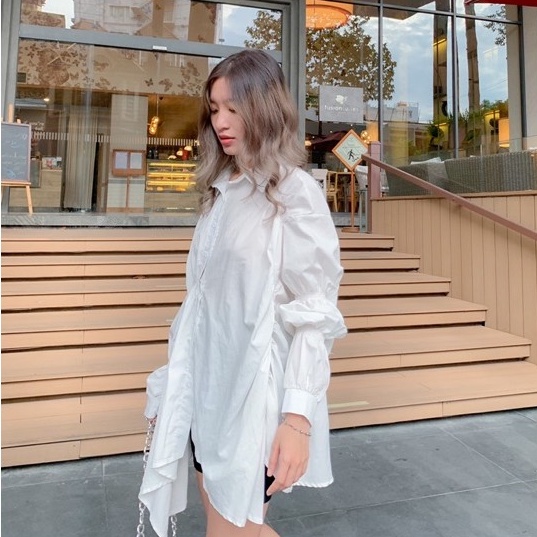 Váy sơ mi nữ form rộng nhún màu trắng