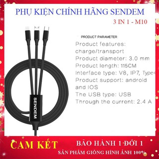 Cáp sạc sendem m10 📢free ship📢chính hãng cáp sạc đa năng 3 đầu lightning, micro, typec,