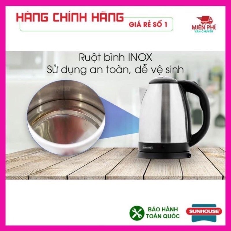 Ấm siêu tốc, Bình đun siêu tốc Sunhouse SHD1182, 1,8 LÍT, inox 2 lớp, đun sôi nhanh, tự động ngắt khi sôi.