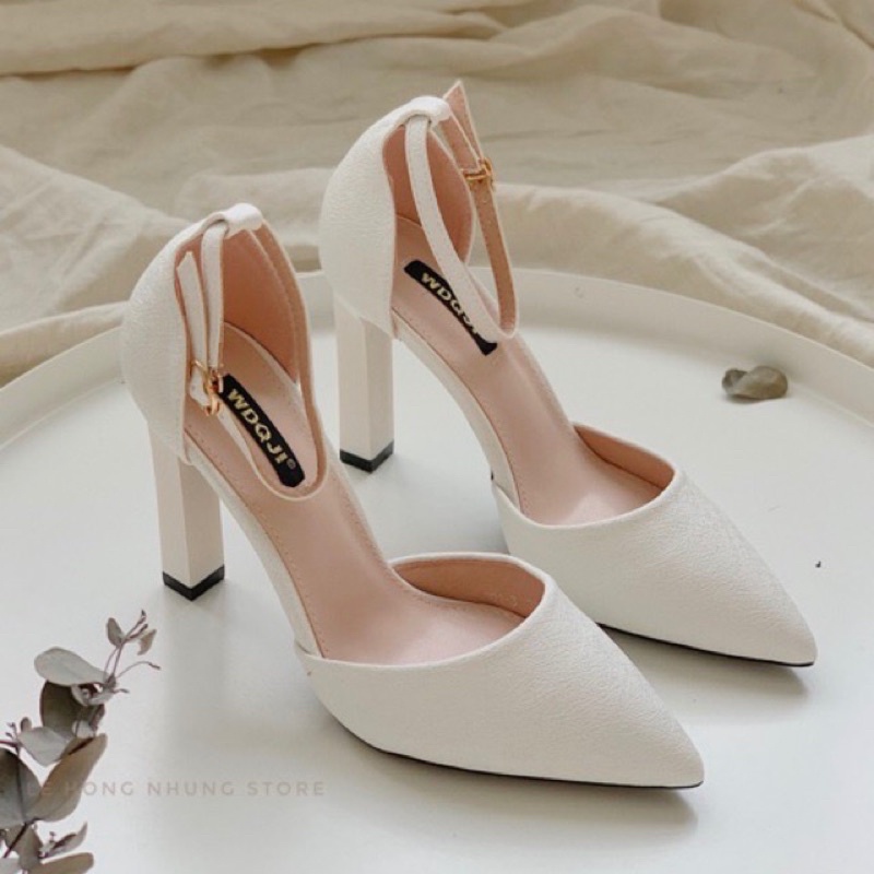 Giày cao gót nhũ xước cài quai bít gót QCCC, giày cưới màu trắng gót trụ 9cm cao cấp loại 1 dễ phối đồ nữ Ảnh kèm video