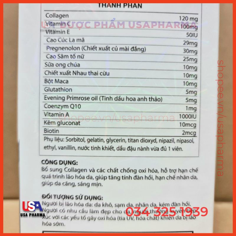 Viên uống COLLAGEN +C bổ sung collagen, vitamin e giúp chống lão hóa, cải thiện nếp nhăn - Hộp 60 viên