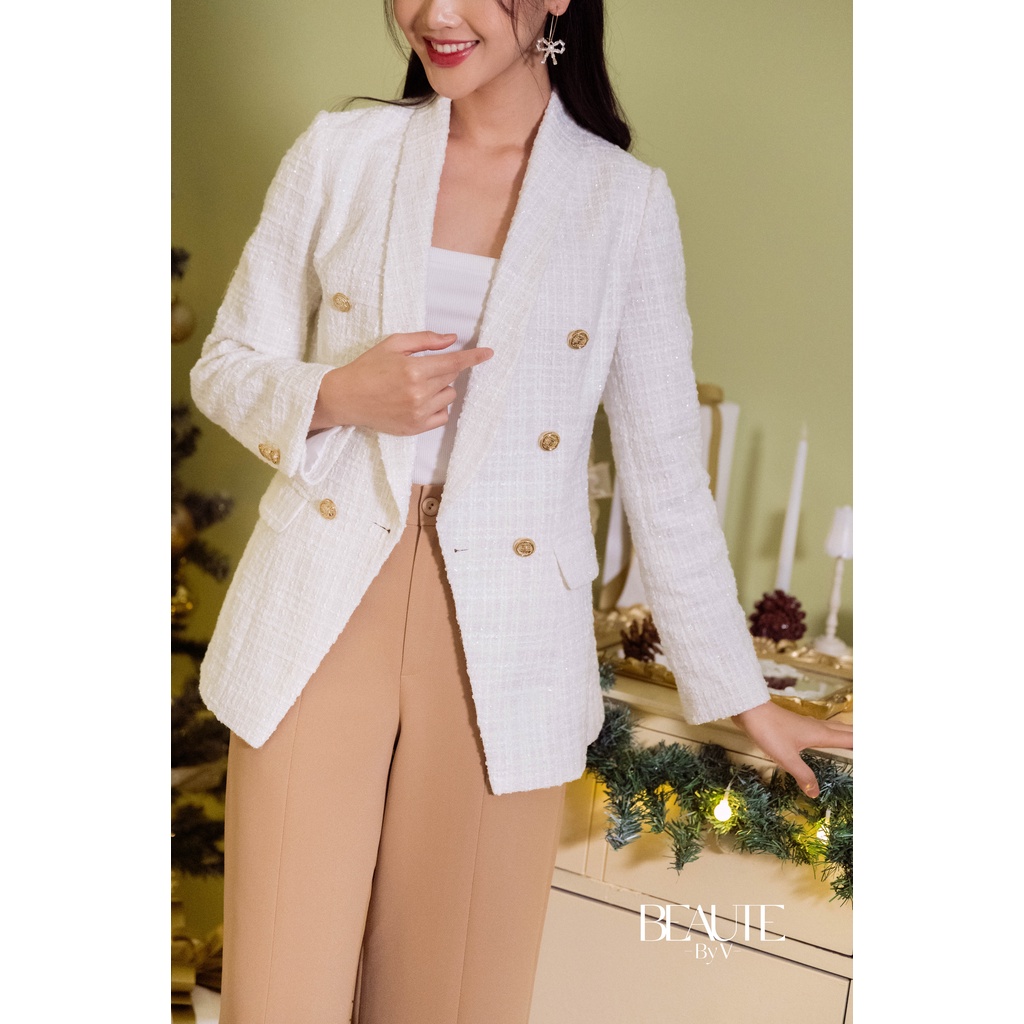 BEAUTEBYV - Áo blazer tweed vạt chéo cổ hai ve đính hàng cúc đồng sang trọng Marvin