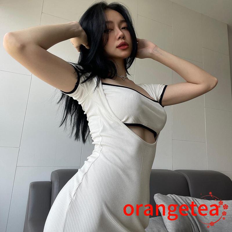 Ort-đầm Ôm Dáng Tay Ngắn Cắt Thấp Cổ Khoét Sâu Màu Sắc Tương Phản Cho Nữ