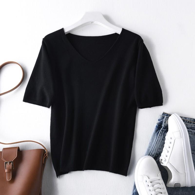 Summer Women V Neck Solid Casual Short Sleeve Simple T-Shirt | BigBuy360 - bigbuy360.vn