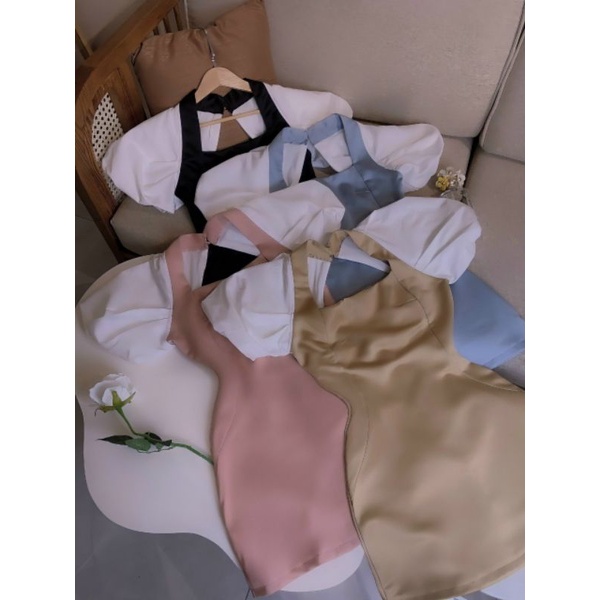 Đầm tafta cổ vuông cutout lưng tay trắng phồng