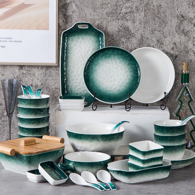 Bát đĩa sứ, Tô sứ Vân Đá Xanh Lá, Chén đĩa sứ cao cấp hiện đại