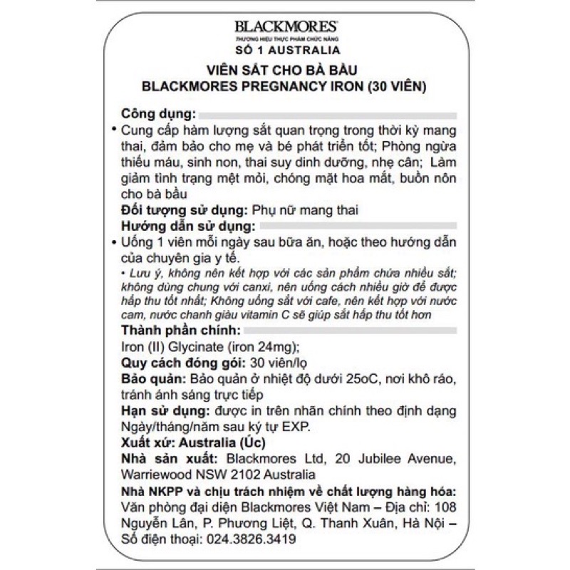Sắt cho phụ nữ mang thai Iron Blackmores 30 viên