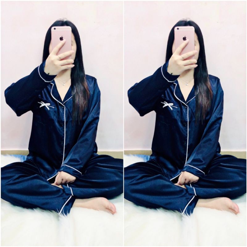 [ BIGSIZE ] Pijama phi lụa bigsize viền nơ tay dài 60-75kg