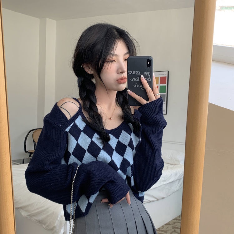 Áo dệt kim trễ vai tay dài kẻ sọc ca rô thời trang cho nữ