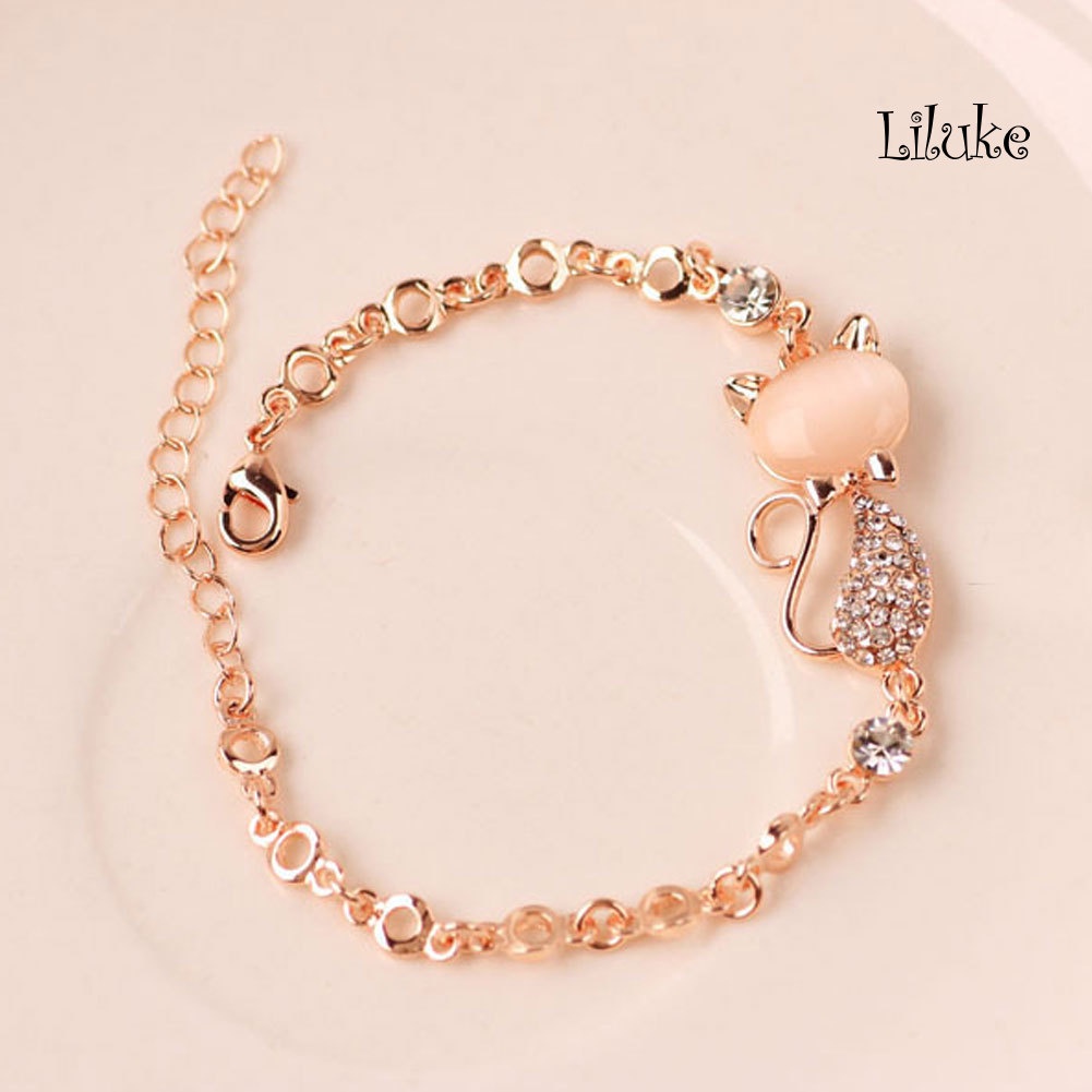 Vòng Tay Hợp Kim Mạ Vàng Trang Trí Hình Mèo Đính Đá Opal Thời Trang Cho Nữ