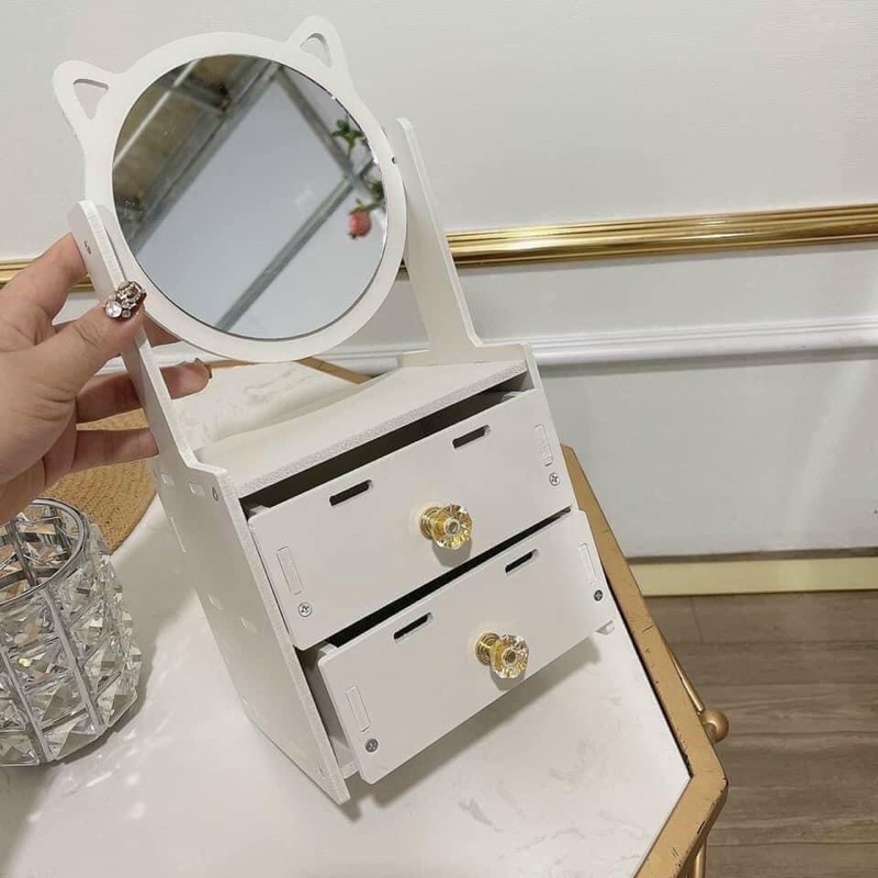Kệ mỹ phẩm để bàn 2 ngăn có gương hình mèo - Kệ đựng đồ trang điểm trang sức có gương 2 tầng hình tai mèo dễ thương