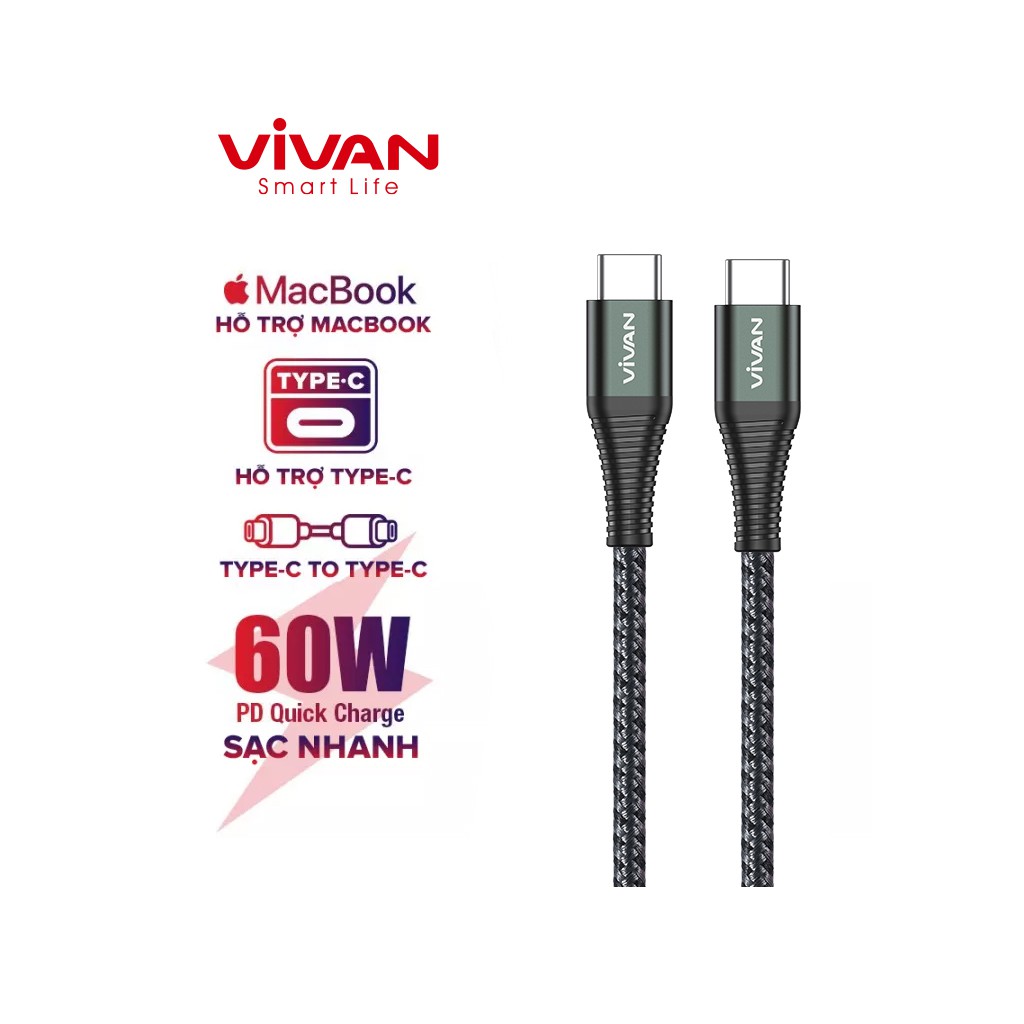 Cáp Sạc Nhanh VIVAN KPD100S Chống Gãy Type-C to Type-C 100cm Chuẩn Sạc NhanhPD 60W