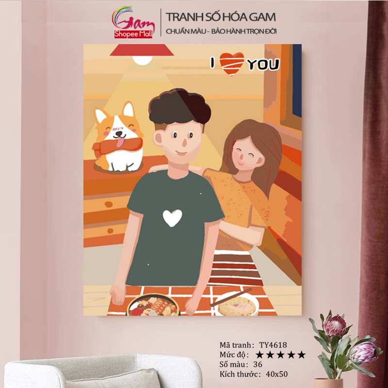 Tranh Treo Tường Trang Trí GAM Tự Tô Màu Theo Số Tình Yêu Đôi Lứa Có Khung Nâng Cấp Lọ Màu 5ml Kèm 2 Bộ Cọ TY4618