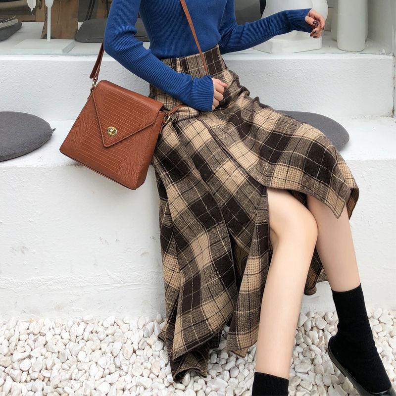Chân Váy Len Dáng Rộng Dài Qua Gối Kẻ Sọc Caro Phong Cách Retro Phương Tây Mùa Thu Đông Cho Nữ