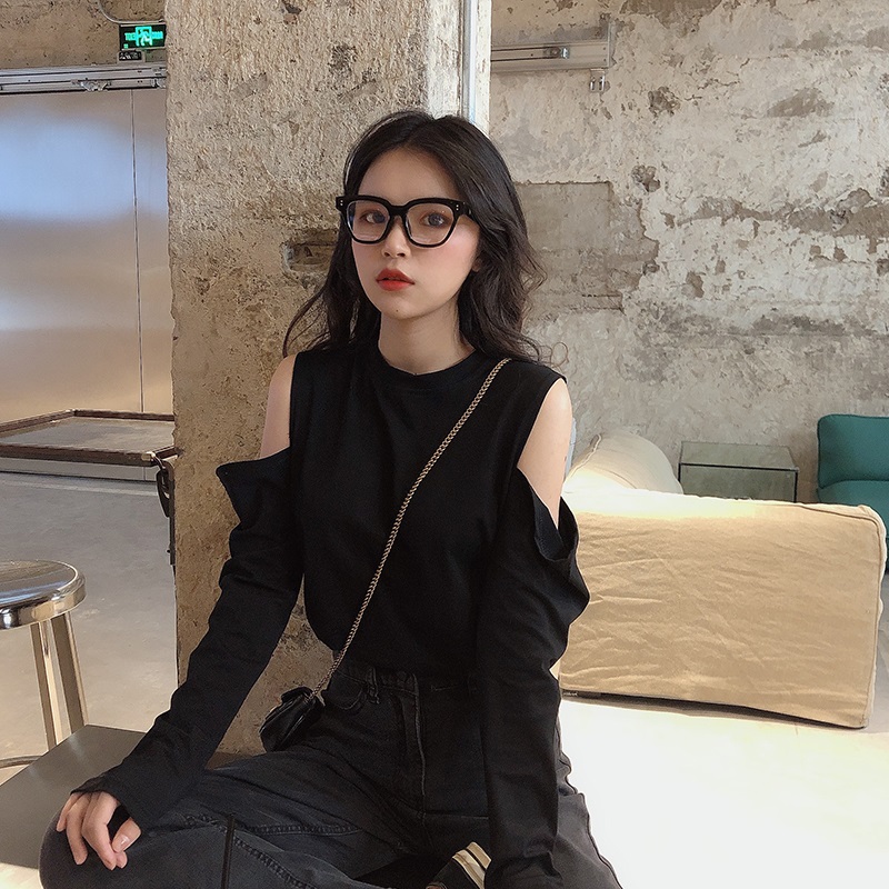 SUXI Áo thun tay dài rớt vai màu trơn thời trang mùa thu trẻ trung cá tính cho nữ