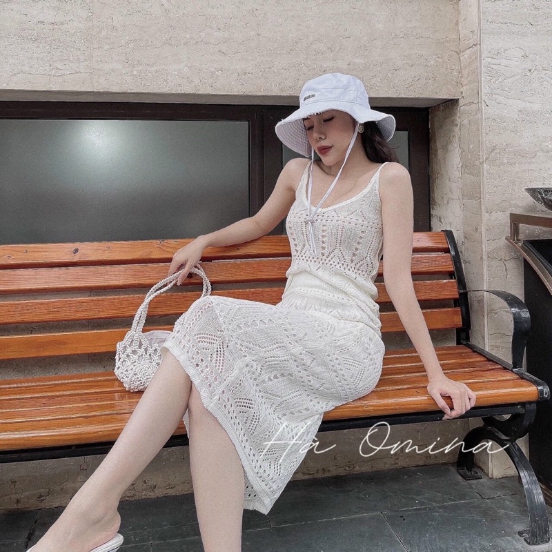 Set len ren áo hai dây phối chân váy dài hàng Quảng Châu Cao Cấp