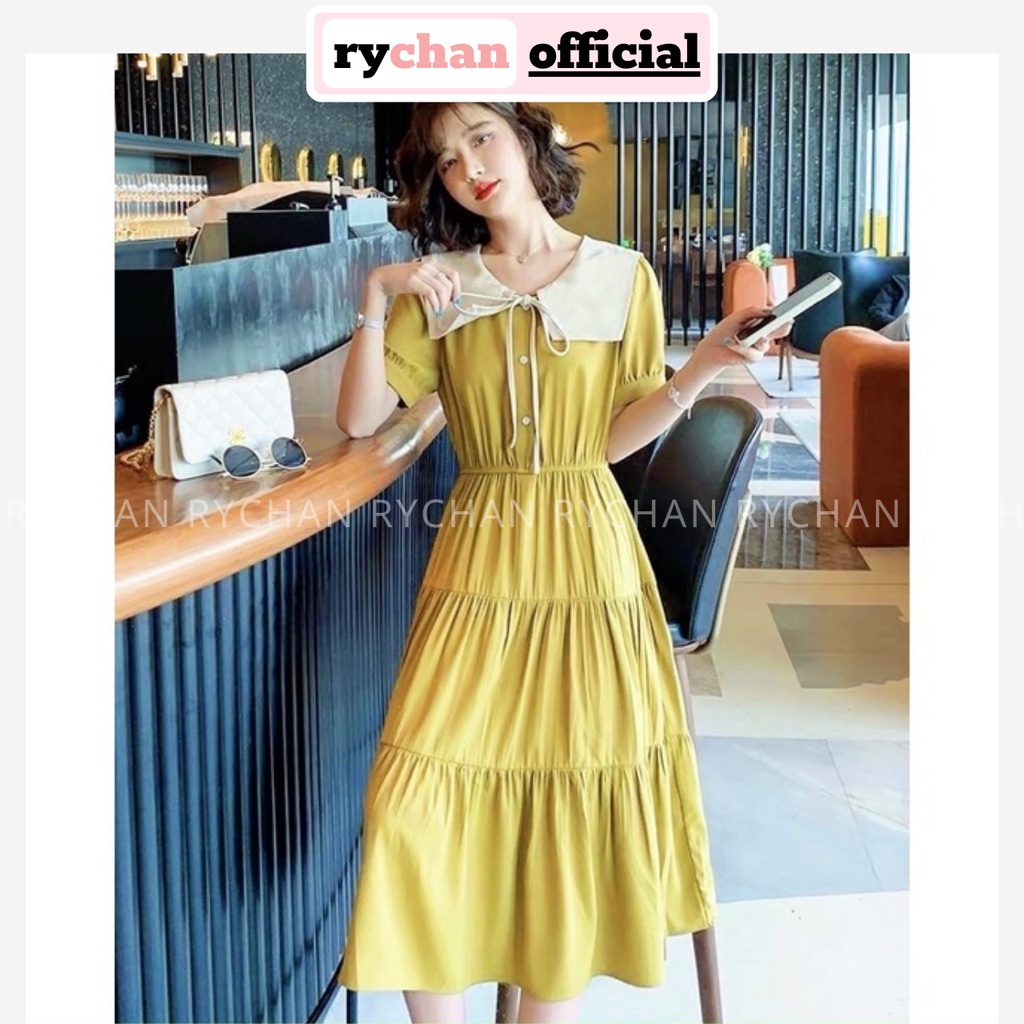 Đầm Váy Nữ Dự Tiệc Dáng Dài 3 Tầng Cổ Trắng Thắt Nơ Bo Eo Phong Cách Quý Cô Màu Vàng - DX9848