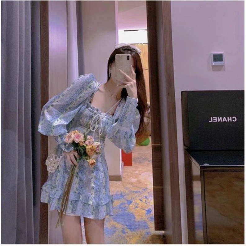 ĐẦM HOA TAY PHỒNG CỔ U