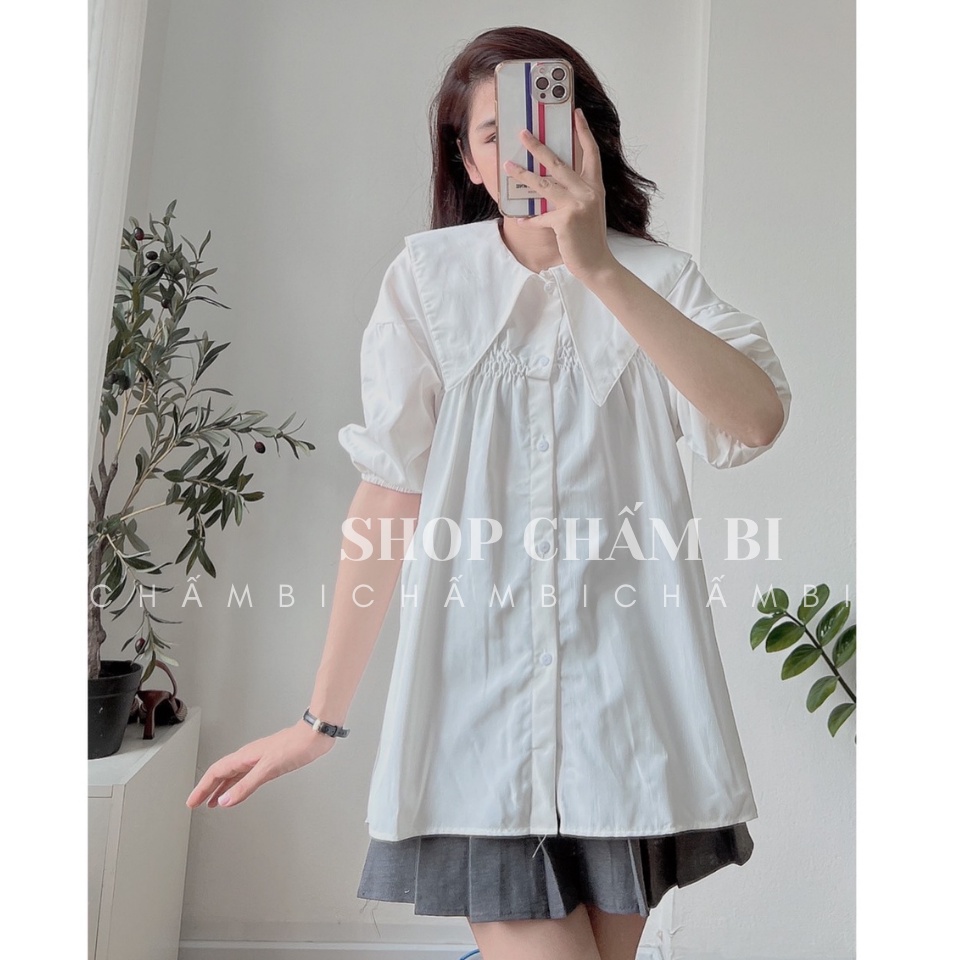 Áo sơ mi cách điệu A.317, Áo kiểu dáng dài cổ nhọn Gothic tay lỡ bo chun nhún ngực 2 màu điệu đà - Thời trang nữ Chấm Bi | BigBuy360 - bigbuy360.vn
