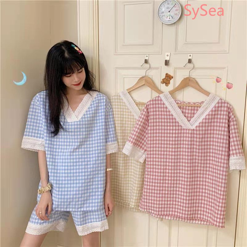 Bộ Đồ Ngủ Tay Ngắn Cổ Chữ V Phối Ren Dành Cho Nữ