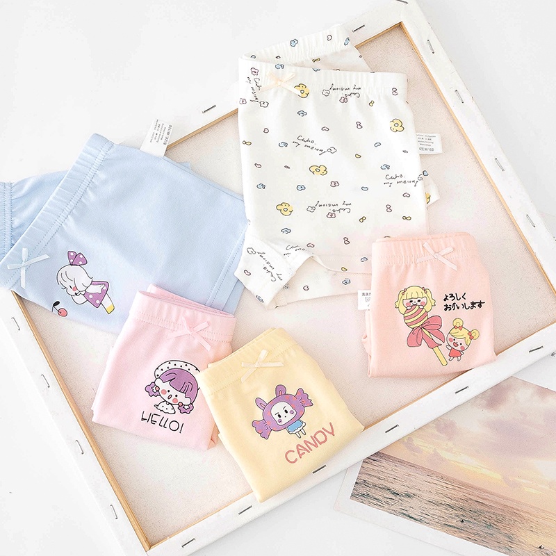 Bộ 5 Quần Lót Boxer Cotton Thoáng Khí In Họa Tiết Hoạt Hình Cho Bé Gái 3-12 Tuổi