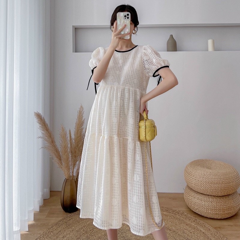 Váy đầm bầu hè thu dáng xuông ba tầng babydoll kẻ caro ren hai lớp công sở đi chơi thiết kế cao cấp