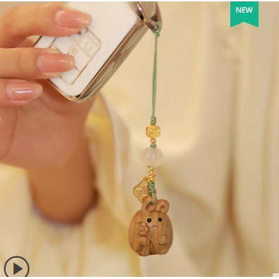 [Hàng Mới Về] Móc Khóa Điện Thoại Mặt Gỗ Đàn Hương Xanh Khắc Hình Thỏ Dễ Thương