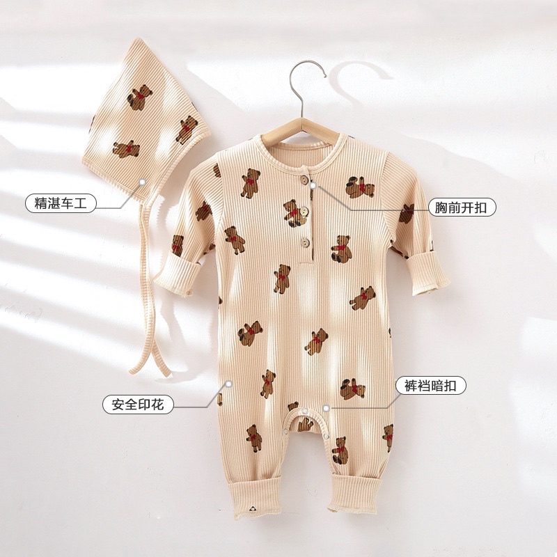 Bodysuit Dài Tay Kèm Mũ Cotton Sơ Sinh Quảng Châu Cao Cấp Cho Bé 0-12 Tháng Tuổi. Style Gấu Hàn Quốc Cực Đẹp Mẫu Mới