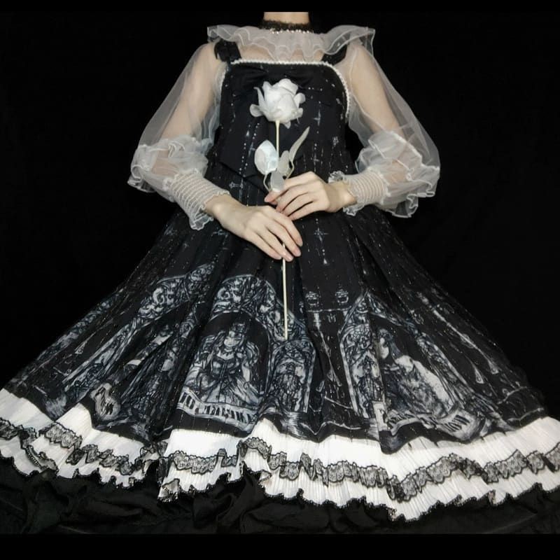 [Order] (6G2) Váy đầm Công chúa Lolita in hình cung điện hoàng gia dáng xòe đính nơ loại đẹp màu đen.