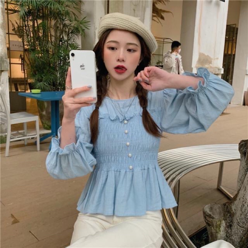 Áo kiểu nữ tay dài dáng babydoll phong cách Hàn Quốc mã QD058