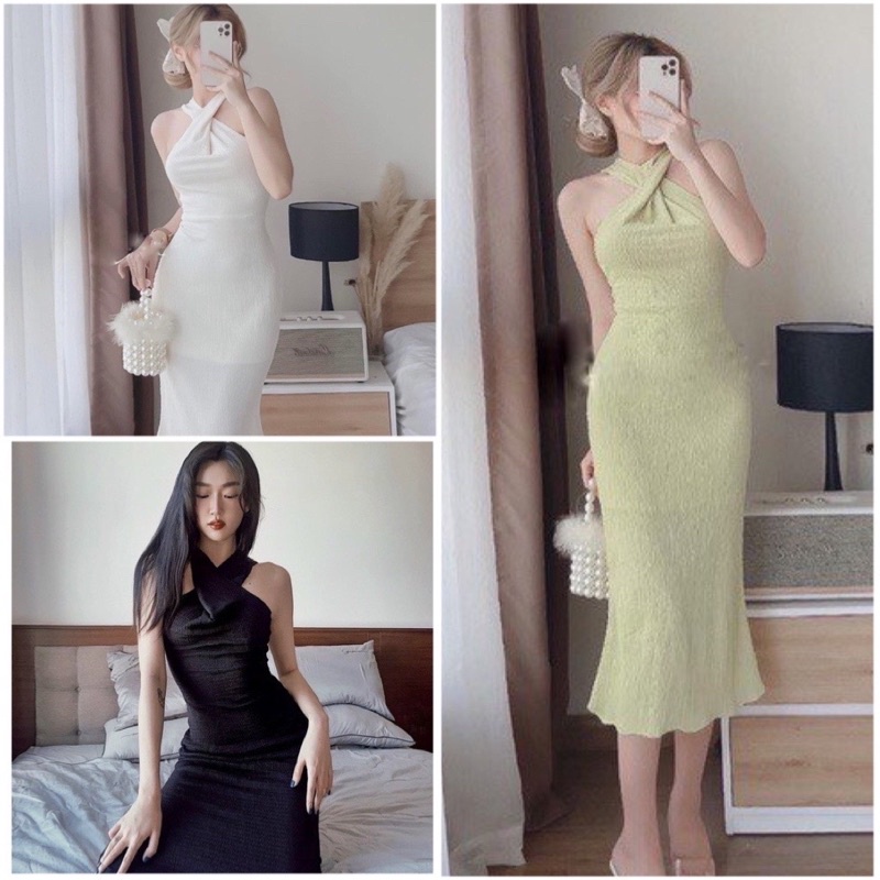 Đầm body cổ yếm chéo to không tay vải xốp nhún dáng dài qua gối 3 màu