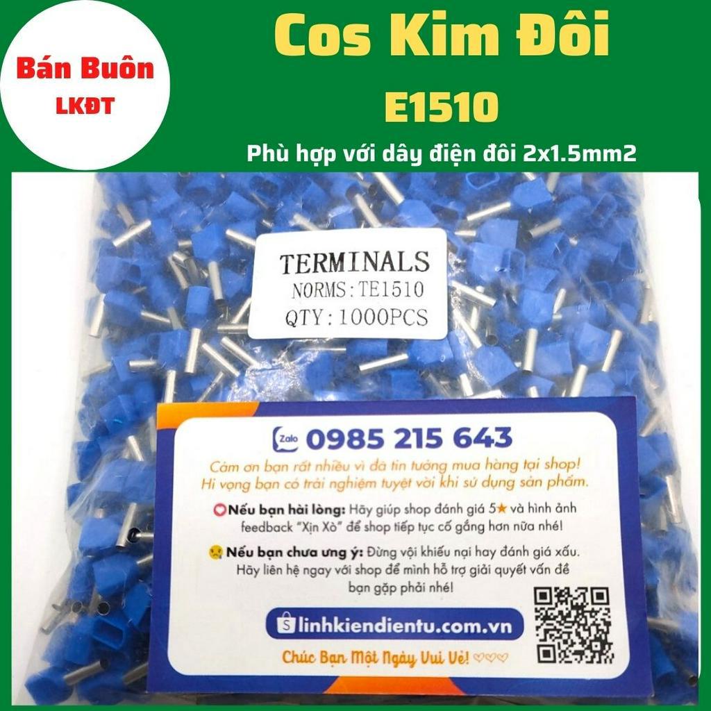 Đầu cos kim đôi E1510,  cos kim E1510, đầu cos kim rỗng dùng cho dây điện đôi 2x1.5mm, đầu cos dây điện, cos kim đôi