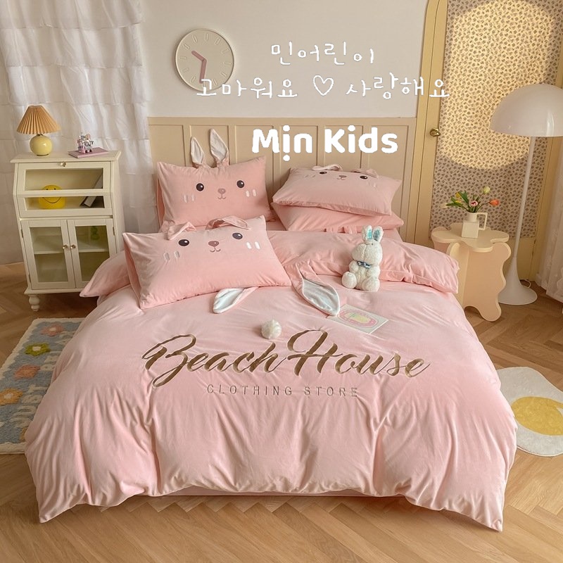 Set Chăn Ga Gối Nhung Mịn Hình Thỏ Hồng Xinh Xắn Minkid