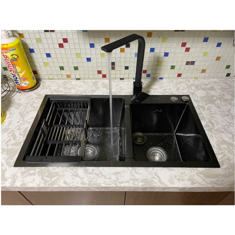 Chậu rửa chén bát 2 hố inox 304 phủ nano đen (chưa gồm vòi)