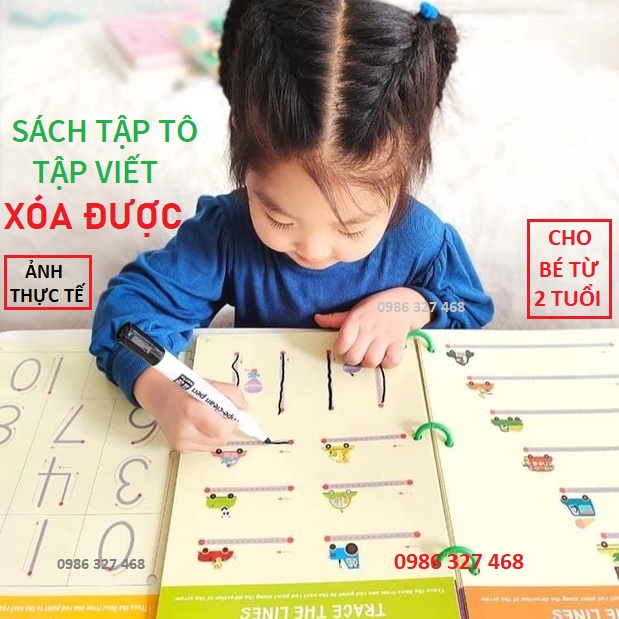 Tập tô vẽ thông minh xoá được montessori, Tập Viết Xóa Được, đồ chơi giáo dục sớm Rèn Tính Kiên Trì- 64tr + Bút+ Xóa-DC2