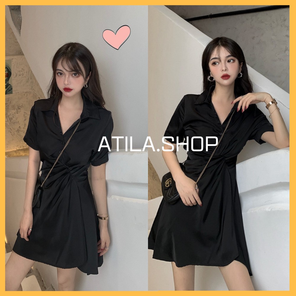 Đầm nữ , váy đầm nữ thiết kế mới cổ áo sang chảnh ,váy ngắn tay chiết eo kiểu phong cách hiện đạI ATILA.SHOP