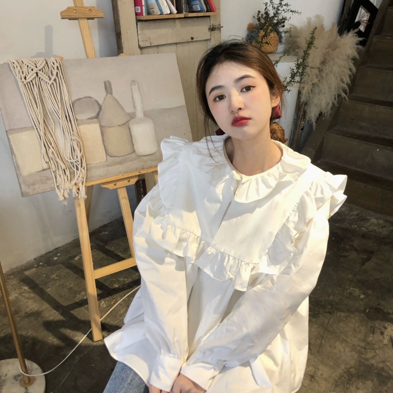 Áo Sơ Mi Tay Dài Dáng Rộng Phối Bèo Dễ Thương Phong Cách Vintage