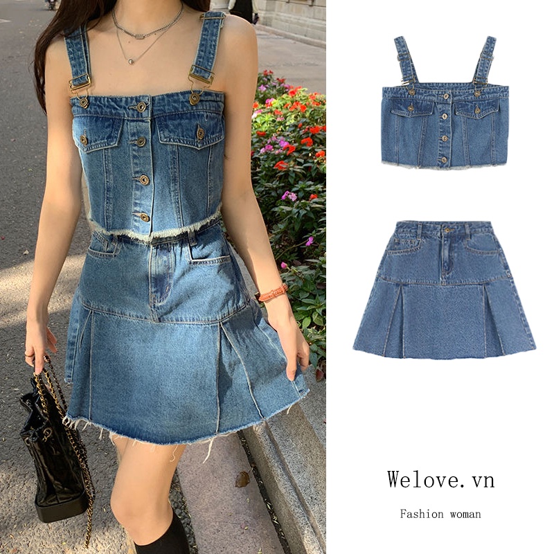 Set Áo Hai Dây Phối Chân váy jean Chữ A Lưng Cao Thời Trang Hàn Quốc Cá Tính Cho Nữ