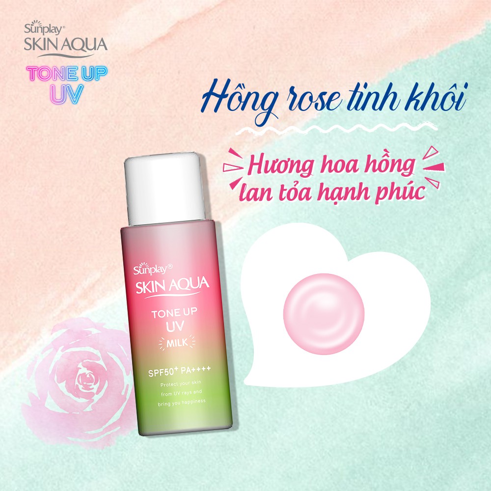 Sữa chống nắng Sunplay Skin Aqua Tone Up UV Milk Happiness Aura (Rose) giúp hiệu chỉnh sắc da