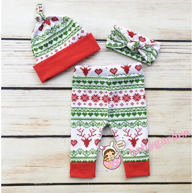 ღ♛ღNewborn Baby Boys Girls First Christmas Clothes Romper Pants Hat Outfit Set 3PCS