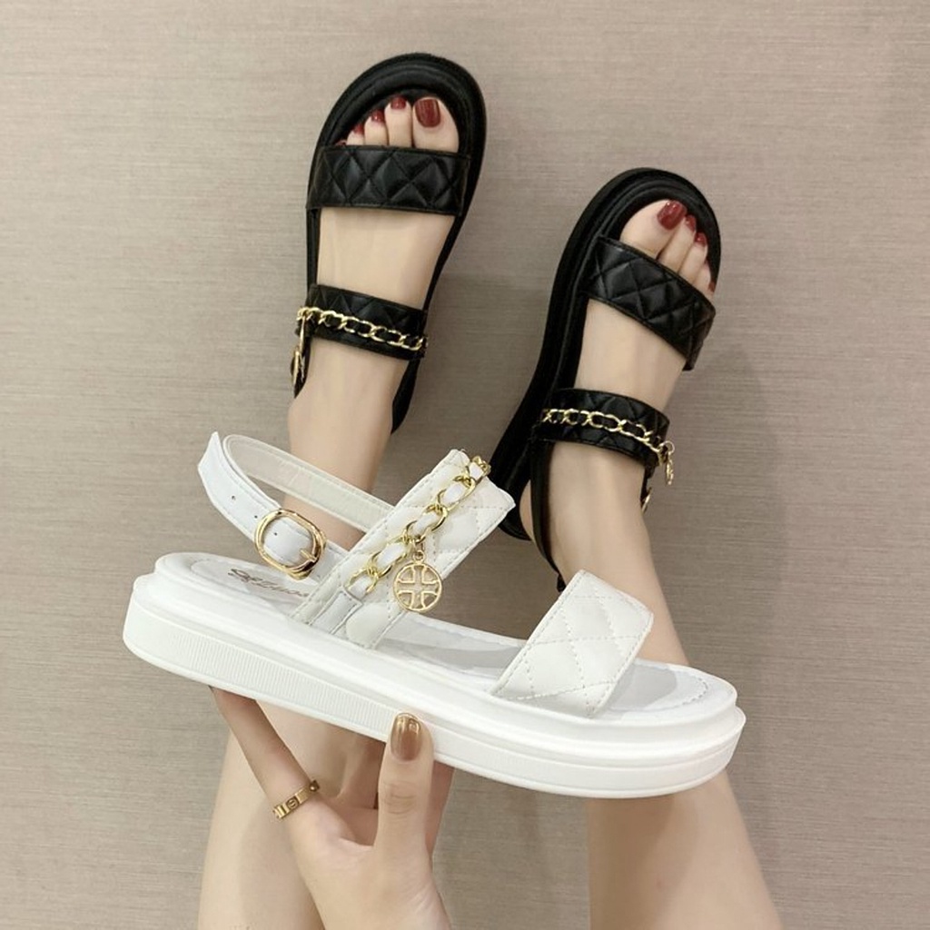 Sandal Ulzzang Nữ Vintage, Sandal Quai Xích Hai Dây Đế Cao Su Chống Trơn Trượt Độn 3cm Hàn Quốc - Iclassy_shoes