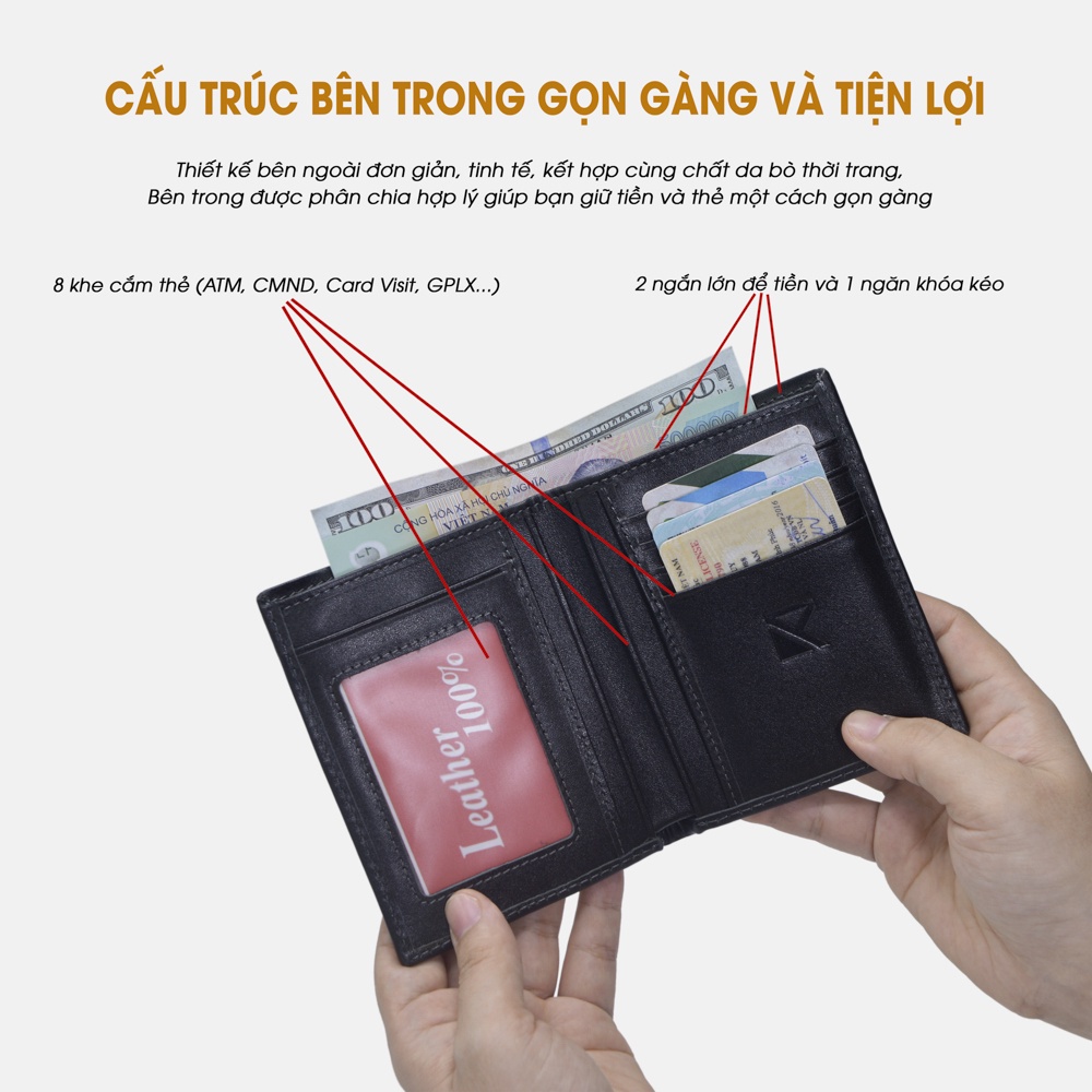 Ví Nam Da Bò Thật RICARDO Đẳng Cấp, Bóp Nam Kiểu Dáng Đứng Đựng Card,Đựng thẻ,Có Hộp Làm Quà Tặng Dành Cho Nam - V102