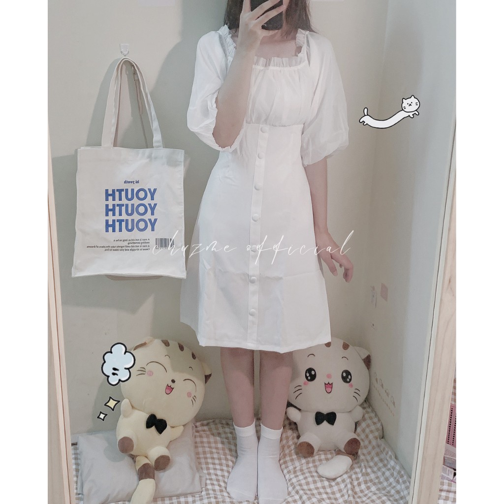 Váy trắng cúc bọc trễ vai nhún ngực tay bồng / Đầm trắng dự tiệc kỷ yếu prom cực xinh